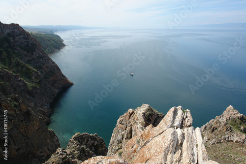 Picturesque view of Lake Baikal on a summer day from the rocks of Khoboy Cape - the most northern point of Olkhon island, Siberia, Russia