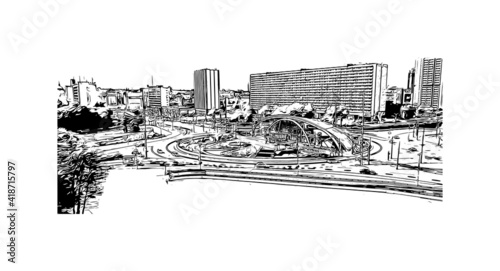 Building view with landmark of Katowice is an industrial city situated in the Silesian Region of southern Poland. Hand drawn sketch illustration in vector.