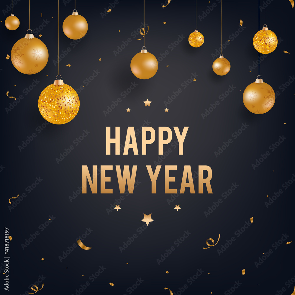 Fototapeta premium Happy New Year black background with gold Christmas balls