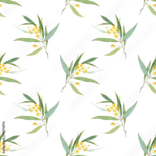 Spring watercolor seamless pattern with mimosa branch. Suitable for wrapping paper, backdrops, fabrics, textiles © Анастасия Гусарова