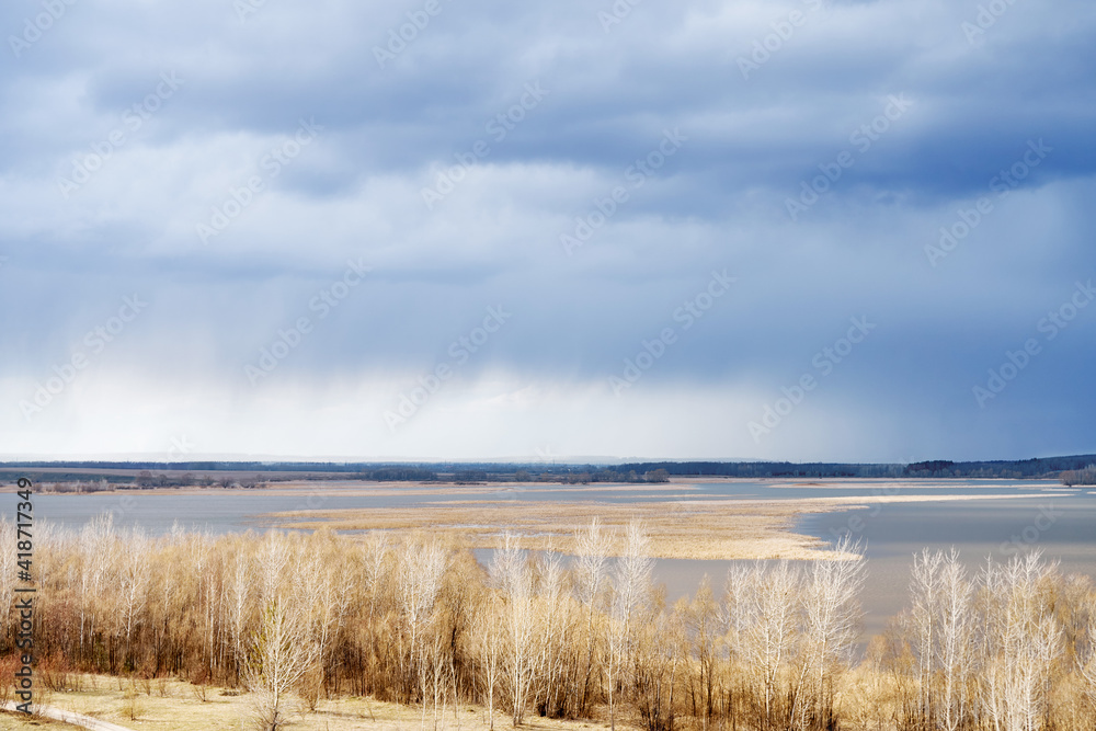 Picturesque golden autumn forest with bare trees on bank of large tranquil lake under sky with heavy grey clouds on nasty day