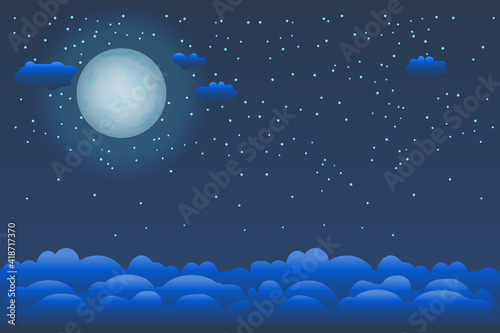 Fototapeta Naklejka Na Ścianę i Meble -  Mystical night sky background with moon, clouds and stars. Moonlight night. Stylized halloween night sky. Weather forecast   banner with copy space. Beautiful sky panorama. Stock vector illustration