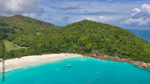 Fototapeta Naklejka Na Ścianę i Meble -  Seychelles Beach, aerial view from drone on a beautiful sunny day