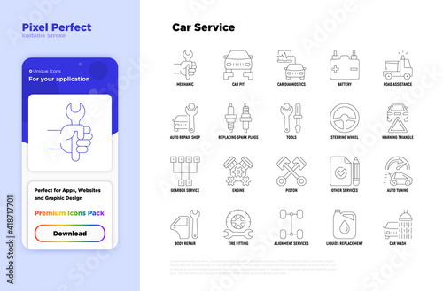 Car service thin line icons set: mechanic, car pit, computer diagnostics, road assistance, battery, body repair, tire fitting, replacing spark plugs. Pixel perfect, editable stroke Vector illustration