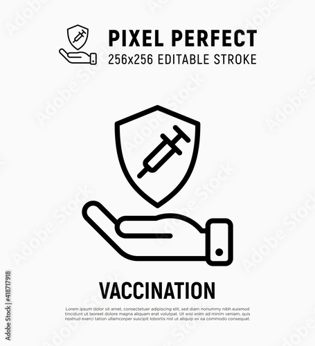 Coronavirus vaccination. Virus protection: human hand is holding shield with syringe. Immune system. Thin line icon. Pixel perfect, editable stroke. vector illustration.