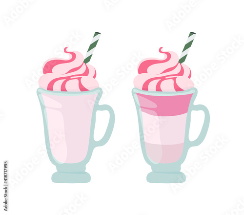 Glass mug. Strawberry topping. Ice cream, cocktail, milkshake, smoothie. Outline vector illustration on a white background.