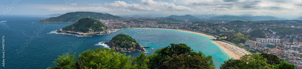 Aerial panoramic view of turquoise bay of San Sebastian or Donostia with beach La Concha, Basque country, Spain
