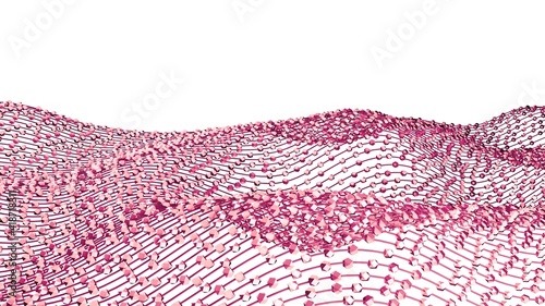 Abstract wave particles. Data science. Digital landscape. Flowing particles. Low poly background. Pink and white colors. 3d illustration.