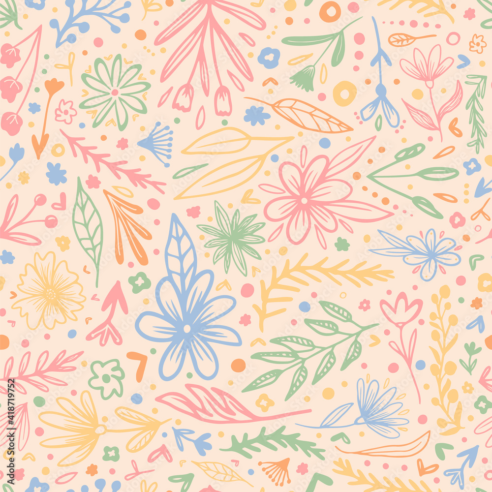 Doodled vector spring summer flowers, plants, dots and hearts as seamless repeat pattern with background.