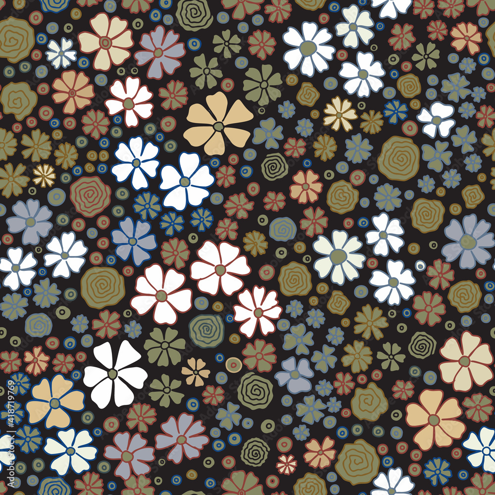Seamless pattern with small flowers. Cute blossoms background. Grey, brown, white, blue. Vector illustration