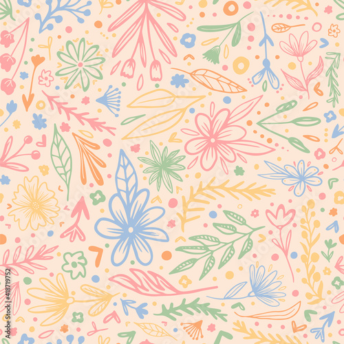 Doodled vector spring summer flowers  plants  dots and hearts as seamless repeat pattern with background.