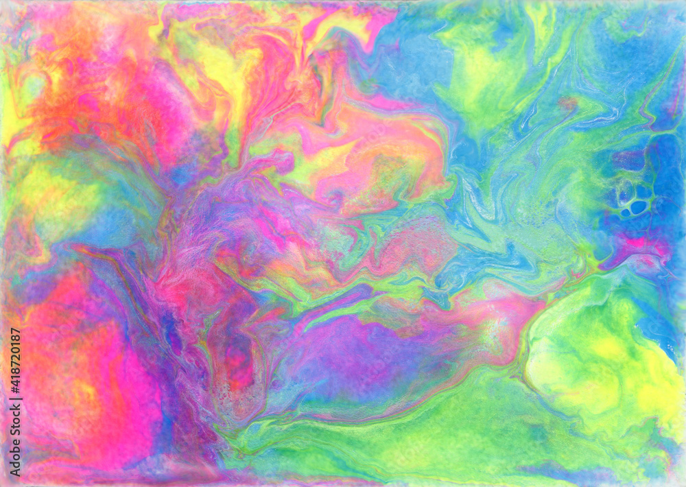 Hand made abstract artwork. Texture in rainbow colors. Acrylic painting with bright pink, blue, green and yellow colors. Colorful abstract background with marble texture.