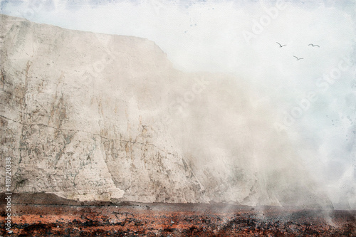 Fototapeta Naklejka Na Ścianę i Meble -  Seven Sisters cliffs near Brighton, United Kingdom. White chalk cliffs in the fog on the English Channel coast, South Downs National Park, South East England. Watercolor Illustration.