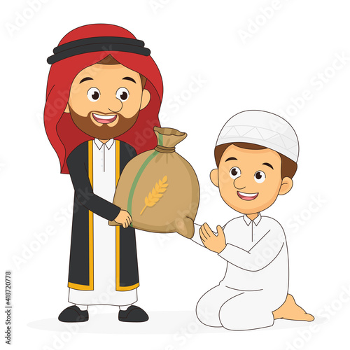A muslim arabic man giving alms or zakat to needy man on eid mubarak