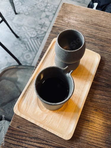 third wave coffee on wooden tray