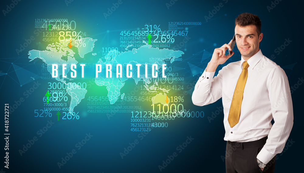 Businessman in front of a decision with BEST PRACTICE inscription, business concept Businessman in front of a decision with BEST PRACTICE inscription, business concept
