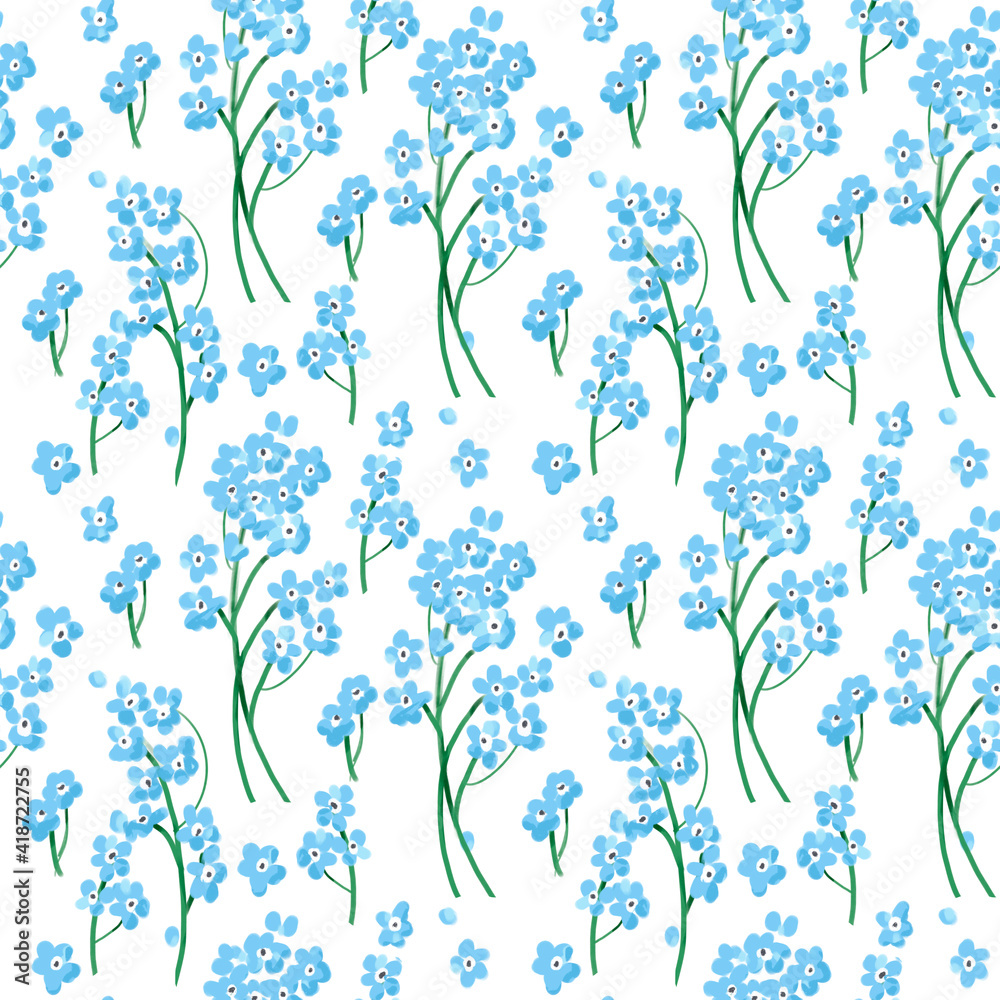 Seamless pattern with forget-me-not. Beautiful pattern. Summer, cute, sky blue little flowers. Perfect for wrapping paper, decor, textile, web design.