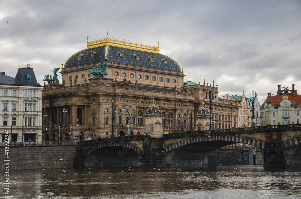 The scenery of the National Theatre and Legion Bridge in Prague city center, Czech Republic