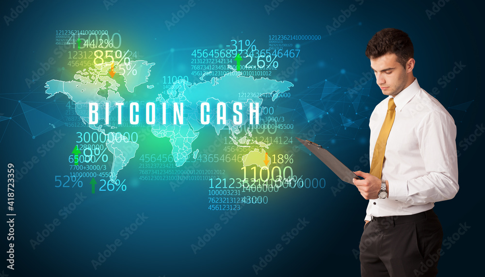 Businessman in front of a decision with BITCOIN CASH inscription, business concept Businessman in front of a decision with BITCOIN CASH inscription, business concept