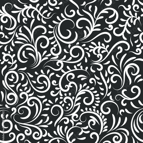 Seamless vector pattern, white swirls on a black background, perfect for fabric, wrapping paper or wallpaper designs