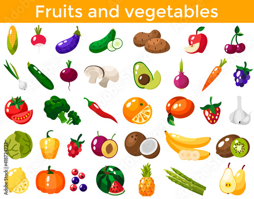Set of fresh healthy vegetables, fruits and berries isolated. Slices of fruits and vegetables. Flat design. Organic farm illustration. Healthy lifestyle vector design elements.