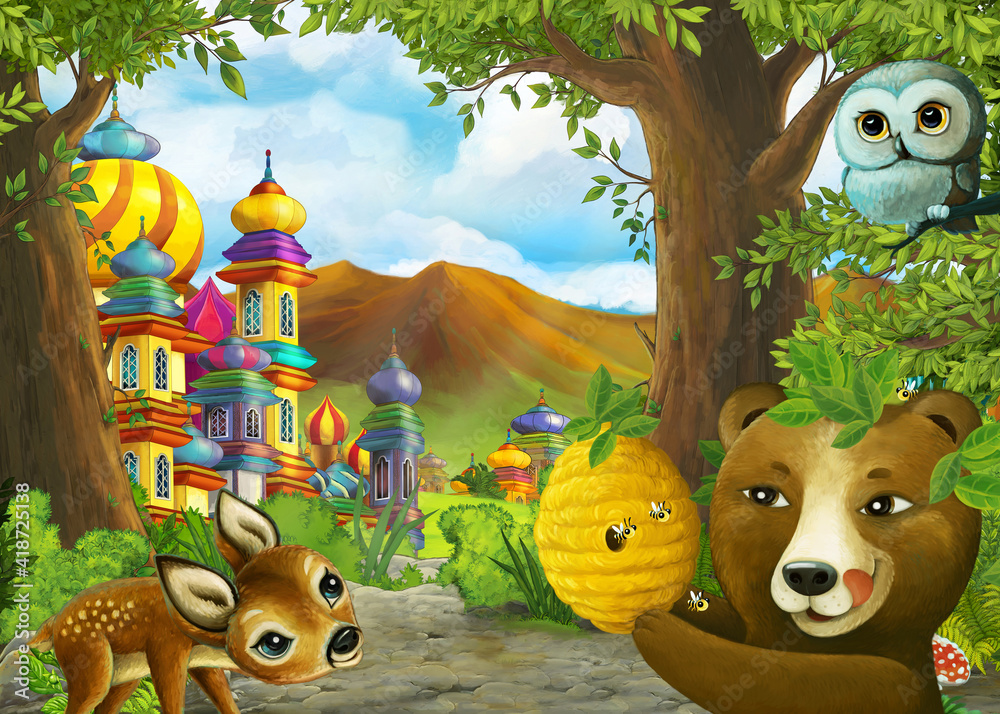 Naklejka premium Cartoon nature scene near the forest with a path and animals - illustration