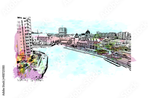 Building view with landmark of Kaliningrad is the capital of the Russia. Watercolour splash with hand drawn sketch illustration in vector.