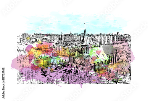 Building view with landmark of Kaliningrad is the capital of the Russia. Watercolour splash with hand drawn sketch illustration in vector.