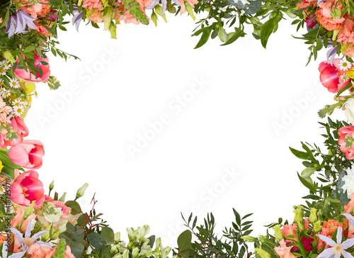frame of flowers red tulip rose pink isolated white background with clipping path  © Little Studio1
