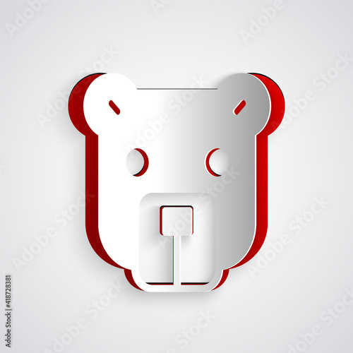 Paper cut Bear head icon isolated on grey background. Paper art style. Vector.