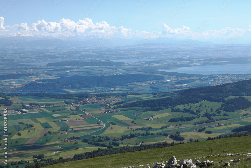 Lake Neuchâtel in the Swiss canton of Neuchâtel, view from Chasseral mountain. Switzerland