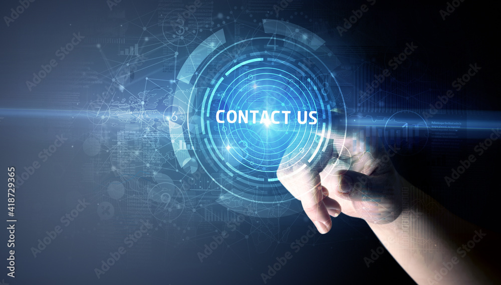 Hand touching CONTACT US button, modern business technology concept