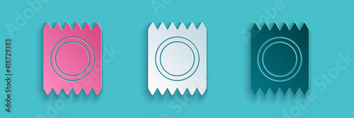 Paper cut Condom in package safe sex icon isolated on blue background. Safe love symbol. Contraceptive method for male. Paper art style. Vector.