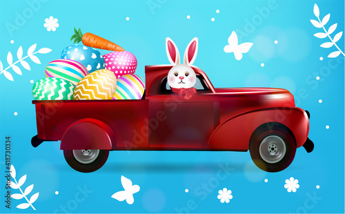 Happy Easter Illustration With Colorful Painted Eggs, Retro Car and Rabbit. Vector illustration for banner or decor.