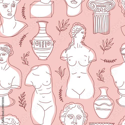 Ancient Greece and Rome set tradition and culture vector seamless pattern. The linear trend of the ancient surface pattern, Ancient Greece and Ancient Rome. Surface pattern on pink.
