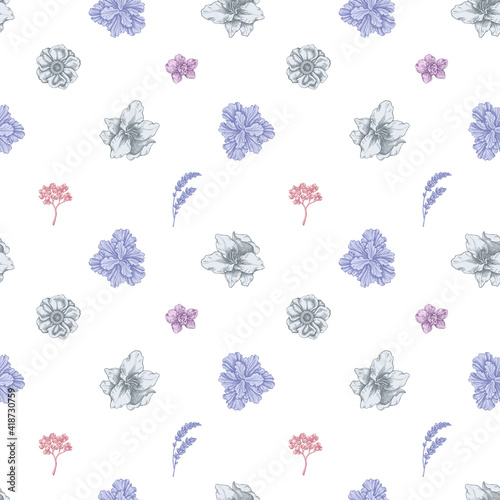 Seamless pattern with hand drawn pastel anemone  lavender  rosemary everlasting  phalaenopsis  lily  iris