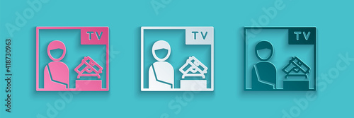 Paper cut Television advertising weapon icon isolated on blue background. Police or military handgun. Small firearm. Paper art style. Vector.