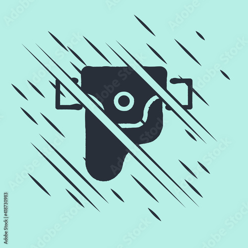 Black Gun in holster, firearms icon isolated on green background. Glitch style. Vector.