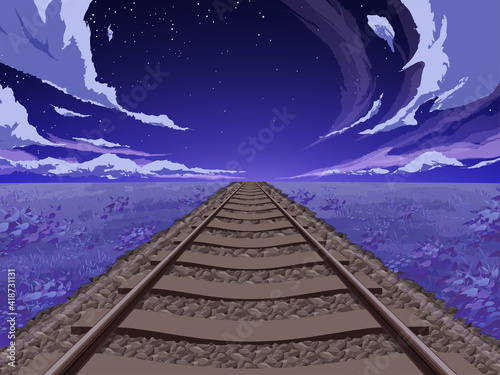 まっすぐな線路と草原の風景_背景イラスト_夜