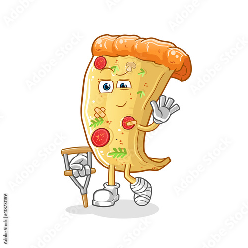 pizza sick with limping stick character. cartoon mascot vector