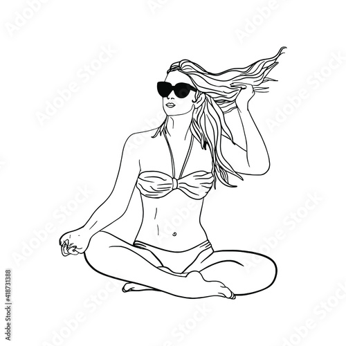 Freehand summer illustration contour sportive girl. Beach yoga pose for print in coloring pages, logo, icon, template for designer