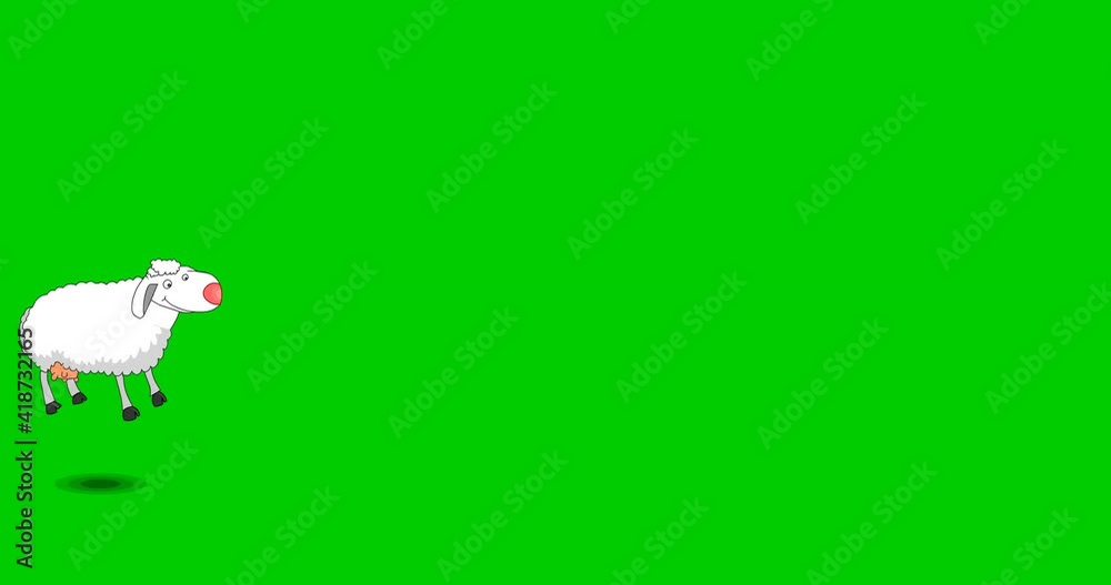 Sheep jumping on green screen. Counting sheep. Run, walk, hop cartoon animal. 2d loop toon. Cell frame draw  character animation.  Editable transparency background. 4k Footage video