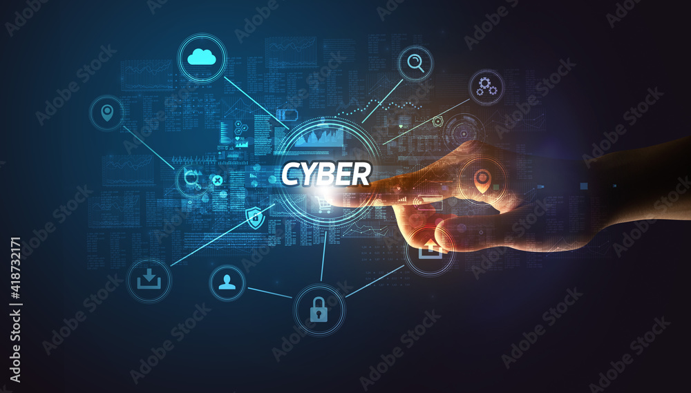Hand touching CYBER inscription, Cybersecurity concept