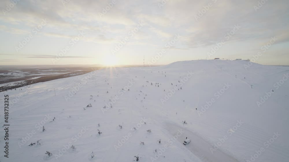 Drone sunrise over a fell in Levi Lapland, Finland.