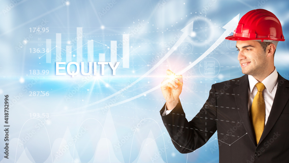 Young businessman with helmet drawing EQUITY inscription, modern business technology concept Young businessman with helmet drawing EQUITY inscription, modern business technology concept