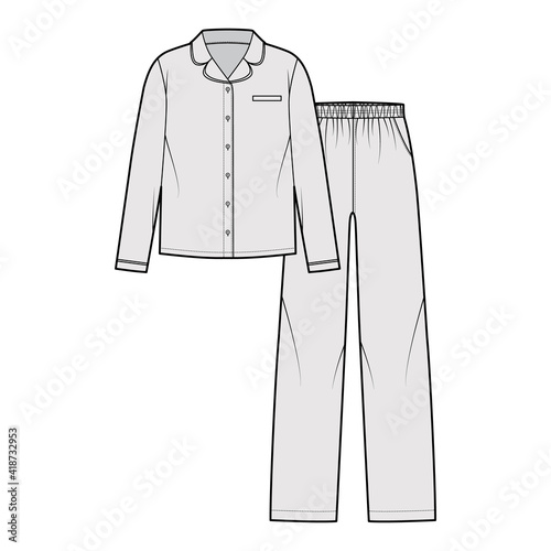 Set of Sleepwear Pajamas shirt, pants technical fashion illustration with full length, low waist, pockets, button closure, long sleeves. Flat front, grey color style. Women, men unisex CAD mockup