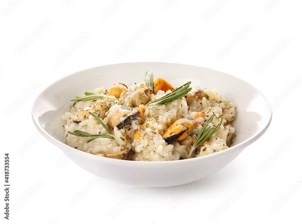 Plate with tasty risotto on white background Plate with tasty risotto on white background