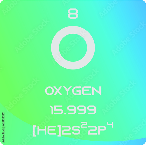 Oxygen O Non reactive metal Chemical Element vector illustration diagram, with atomic number, mass and electron configuration. Simple gradient design for education, lab, science class.