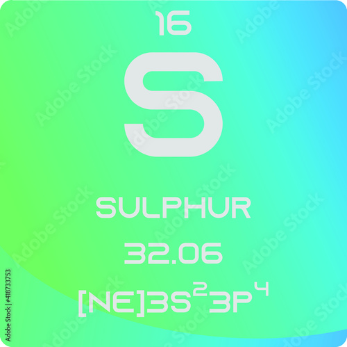 Sulfur S Non reactive metal Chemical Element vector illustration diagram, with atomic number, mass and electron configuration. Simple gradient design for education, lab, science class.