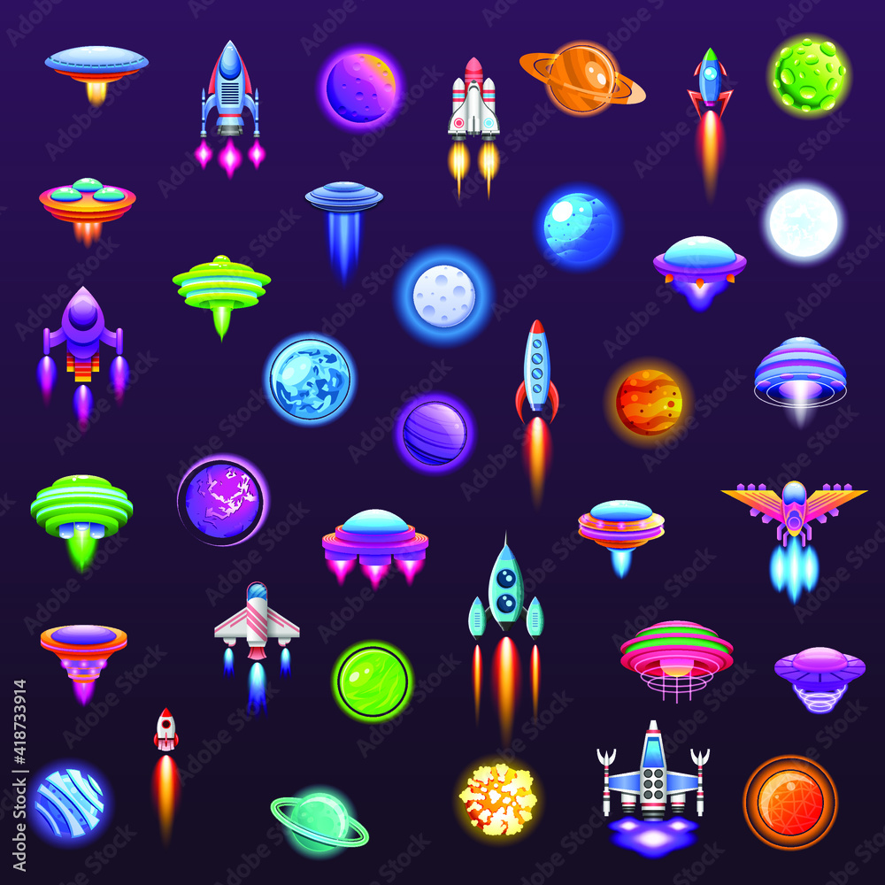 Set Abstract Collection Unidentified Flying Object Alien Ufo Planets SpaceShip Logo Vector Icon Symbol